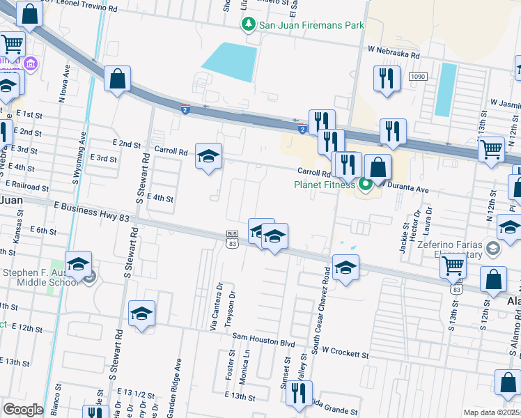 map of restaurants, bars, coffee shops, grocery stores, and more near 601 E Expy 83 in San Juan
