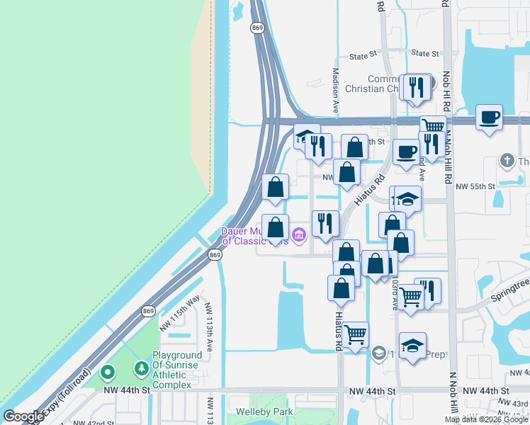 map of restaurants, bars, coffee shops, grocery stores, and more near 10900 Northwest 52nd Street in Sunrise