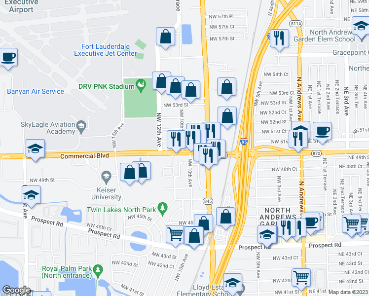 map of restaurants, bars, coffee shops, grocery stores, and more near 1007 West Commercial Boulevard in Fort Lauderdale
