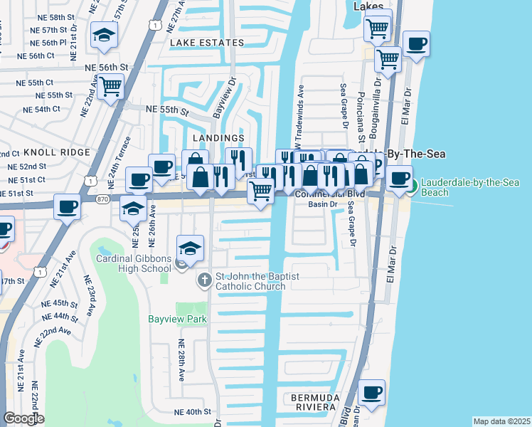 map of restaurants, bars, coffee shops, grocery stores, and more near 3100 Northeast 49th Street in Fort Lauderdale