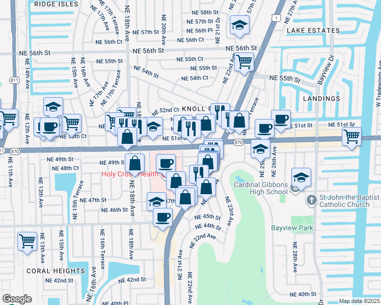 map of restaurants, bars, coffee shops, grocery stores, and more near 2000 Northeast 49th Street in Fort Lauderdale