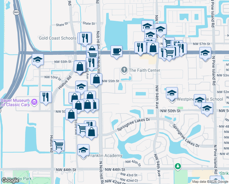 map of restaurants, bars, coffee shops, grocery stores, and more near 9932 Northwest 52nd Street in Sunrise