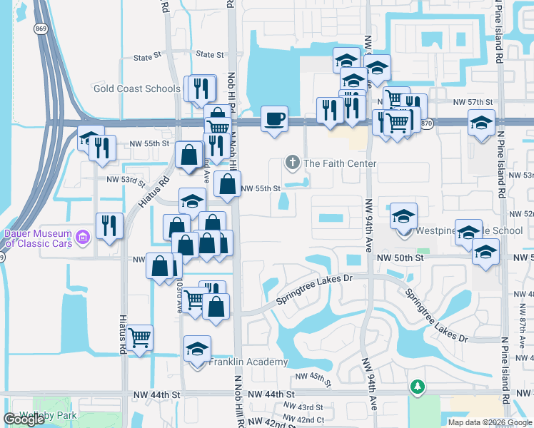 map of restaurants, bars, coffee shops, grocery stores, and more near 9974 Northwest 52nd Street in Sunrise