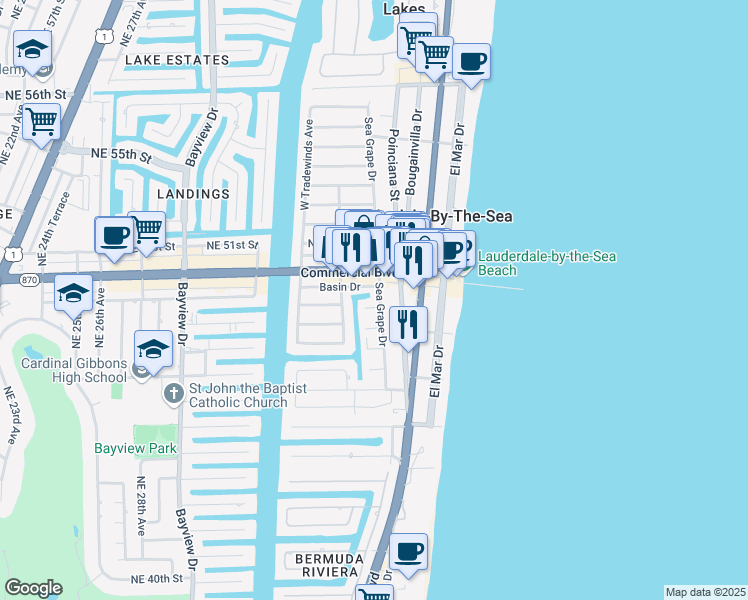 map of restaurants, bars, coffee shops, grocery stores, and more near 4313 Sea Grape Drive in Lauderdale-by-the-Sea