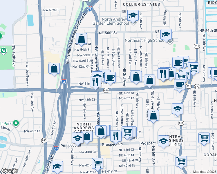 map of restaurants, bars, coffee shops, grocery stores, and more near in Oakland Park