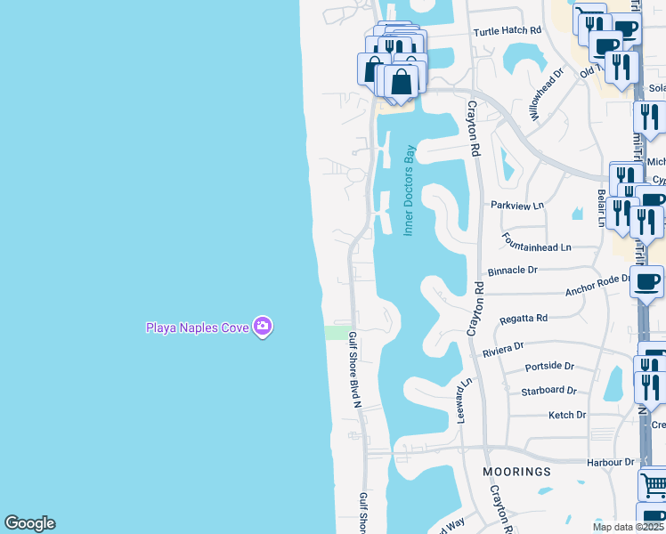 map of restaurants, bars, coffee shops, grocery stores, and more near 3483 Gulf Shore Boulevard North in Naples