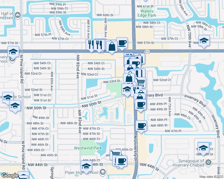 map of restaurants, bars, coffee shops, grocery stores, and more near 7600 Northwest 50th Street in Lauderhill