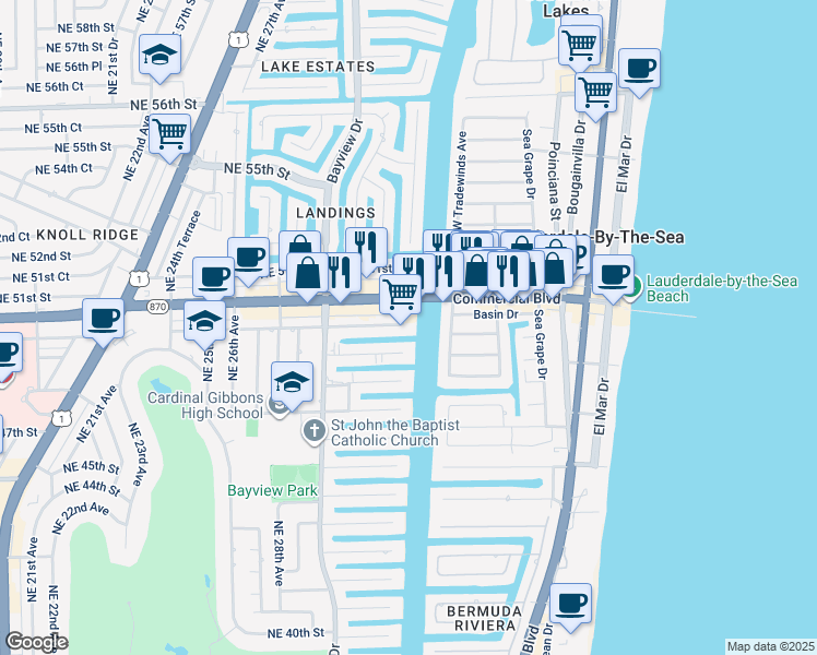 map of restaurants, bars, coffee shops, grocery stores, and more near 3100 Northeast 49th Street in Fort Lauderdale