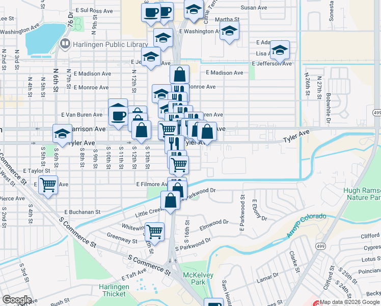 map of restaurants, bars, coffee shops, grocery stores, and more near 1614 East Polk Avenue in Harlingen