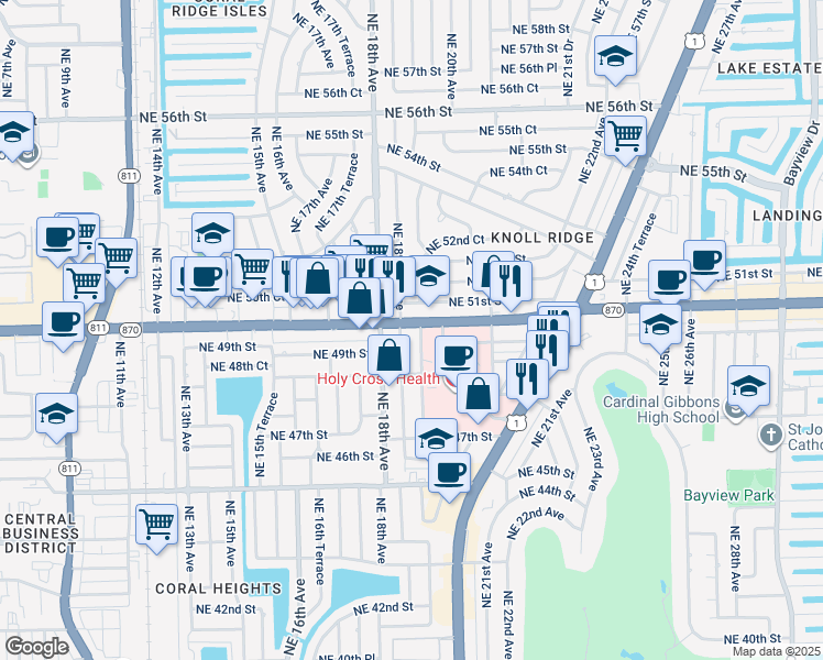 map of restaurants, bars, coffee shops, grocery stores, and more near 4871 Northeast 19th Avenue in Fort Lauderdale