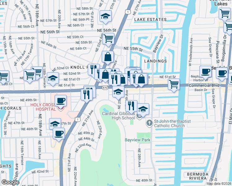 map of restaurants, bars, coffee shops, grocery stores, and more near 4845 Northeast 25th Avenue in Fort Lauderdale