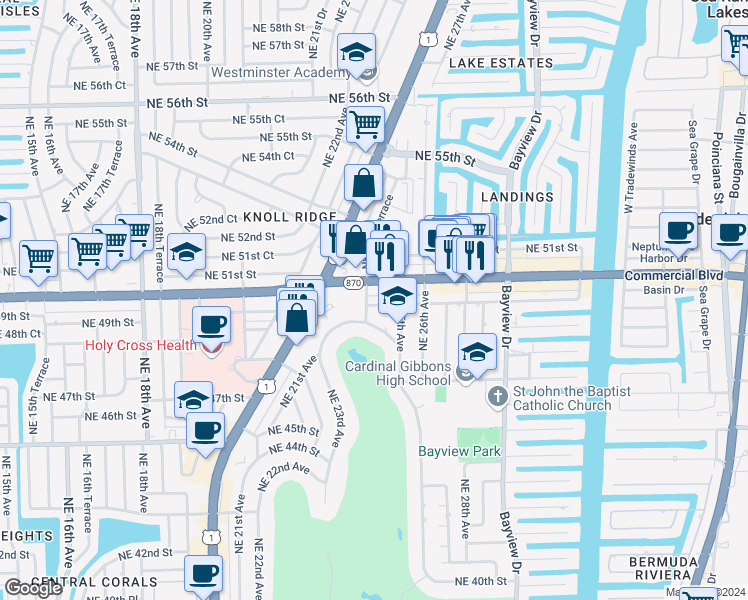 map of restaurants, bars, coffee shops, grocery stores, and more near 4845 Northeast 25th Avenue in Fort Lauderdale