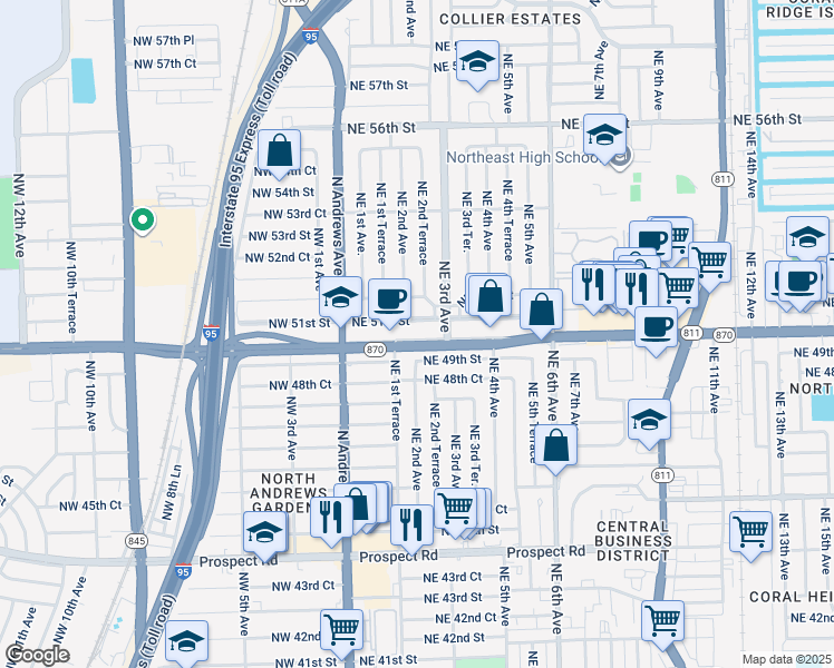 map of restaurants, bars, coffee shops, grocery stores, and more near 251 Northeast 49th Street in Fort Lauderdale