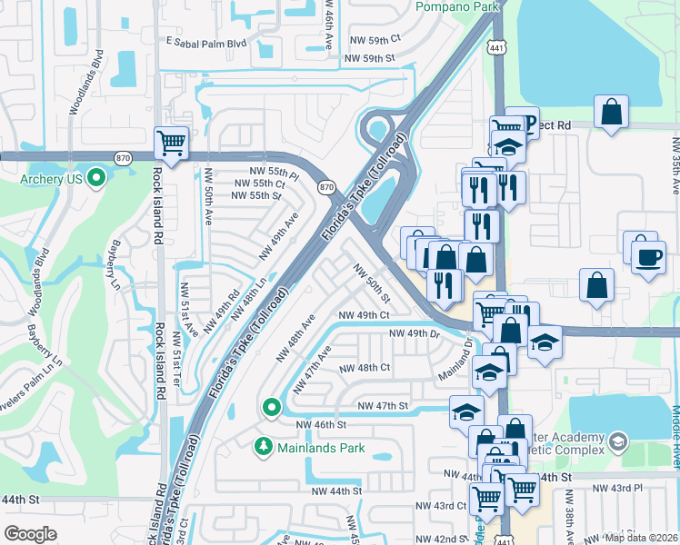 map of restaurants, bars, coffee shops, grocery stores, and more near 4958 Northwest 48th Avenue in Tamarac