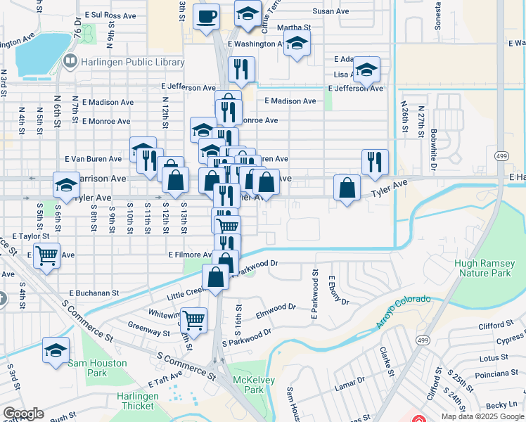 map of restaurants, bars, coffee shops, grocery stores, and more near 501 Rock Circle in Harlingen