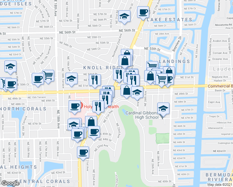 map of restaurants, bars, coffee shops, grocery stores, and more near 2400 East Commercial Boulevard in Fort Lauderdale