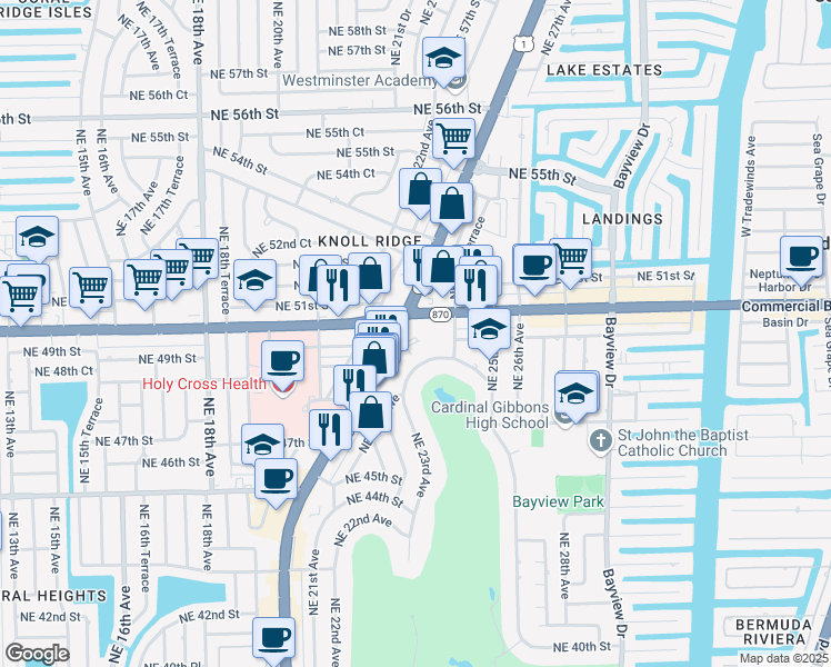map of restaurants, bars, coffee shops, grocery stores, and more near 2400 East Commercial Boulevard in Fort Lauderdale