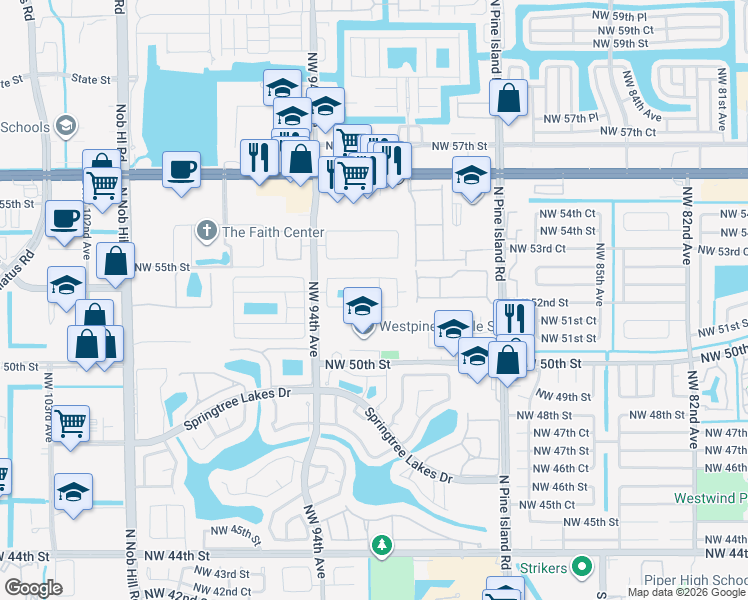 map of restaurants, bars, coffee shops, grocery stores, and more near 9328 Northwest 53rd Street in Sunrise