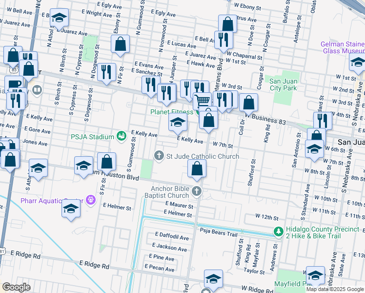 map of restaurants, bars, coffee shops, grocery stores, and more near 1200 East Kelly Avenue in Pharr