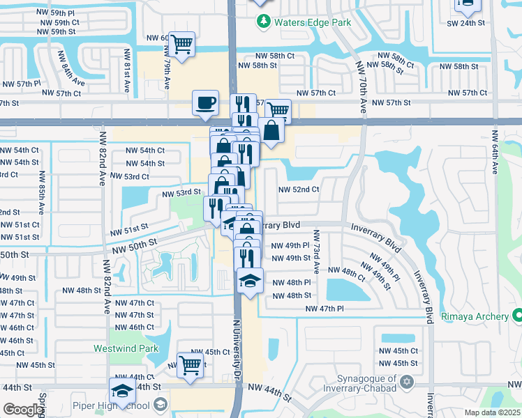 map of restaurants, bars, coffee shops, grocery stores, and more near 7450 Northwest 51st Street in Lauderhill