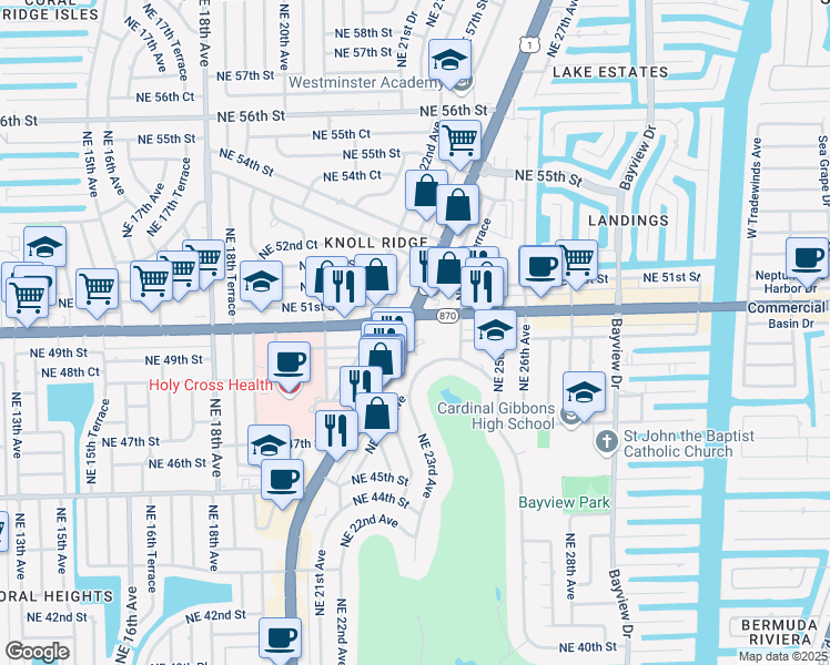 map of restaurants, bars, coffee shops, grocery stores, and more near 2400 East Commercial Boulevard in Fort Lauderdale