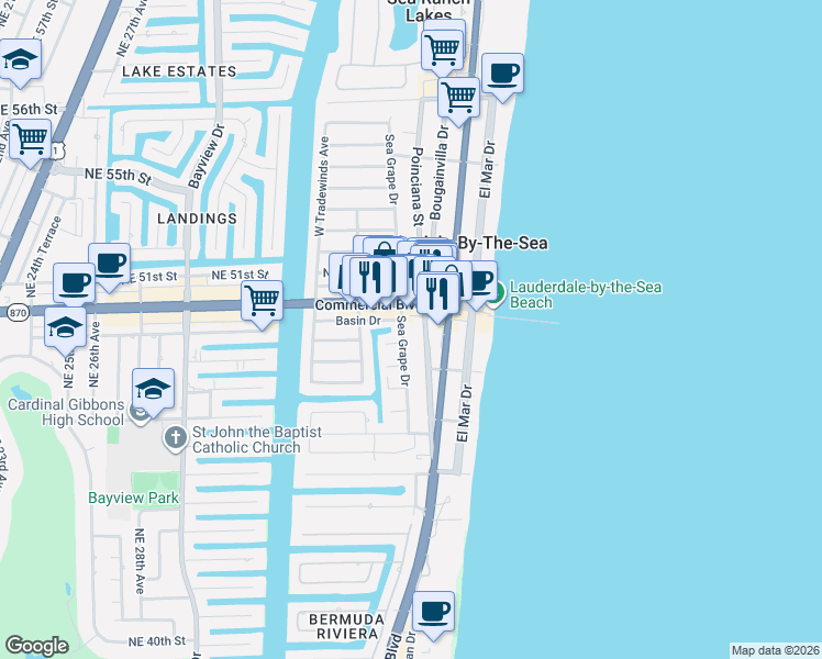 map of restaurants, bars, coffee shops, grocery stores, and more near 4313 Sea Grape Drive in Lauderdale-by-the-Sea