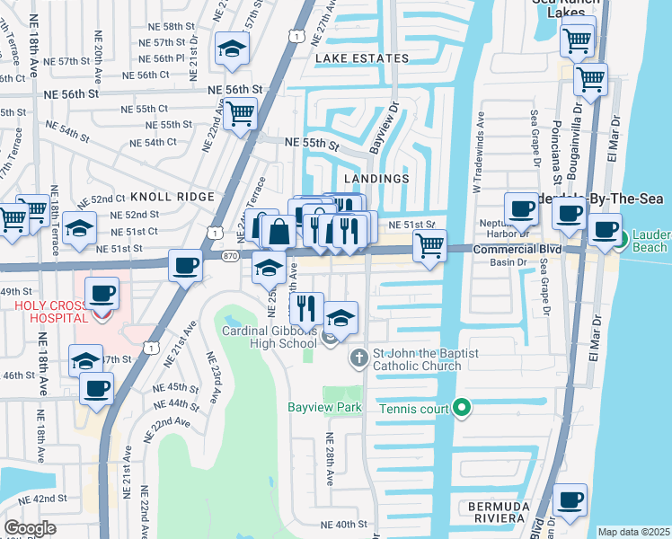 map of restaurants, bars, coffee shops, grocery stores, and more near 2720 East Commercial Boulevard in Fort Lauderdale