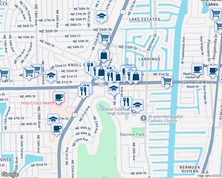 map of restaurants, bars, coffee shops, grocery stores, and more near 4845 Northeast 25th Avenue in Fort Lauderdale