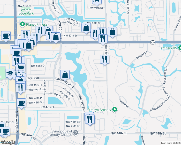 map of restaurants, bars, coffee shops, grocery stores, and more near 5105 Northwest 67th Avenue in Lauderhill