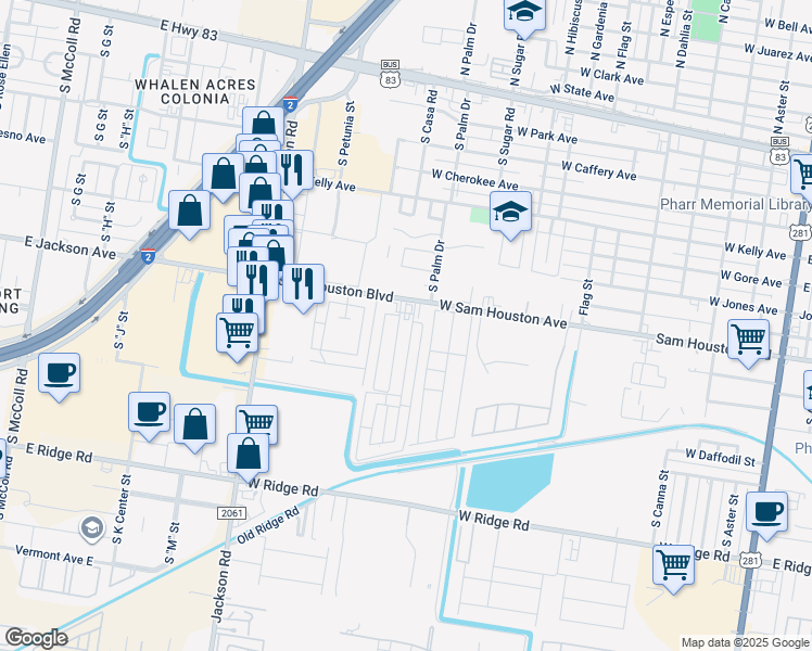 map of restaurants, bars, coffee shops, grocery stores, and more near 810 South Casa Road in Pharr