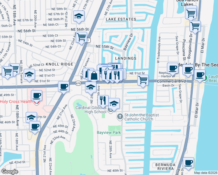 map of restaurants, bars, coffee shops, grocery stores, and more near 2720 East Commercial Boulevard in Fort Lauderdale