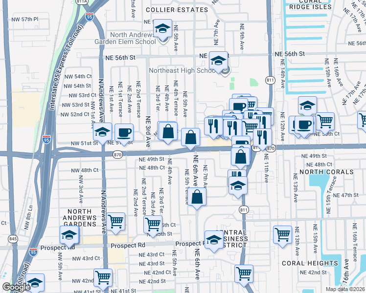 map of restaurants, bars, coffee shops, grocery stores, and more near 501 Northeast 49th Street in Fort Lauderdale