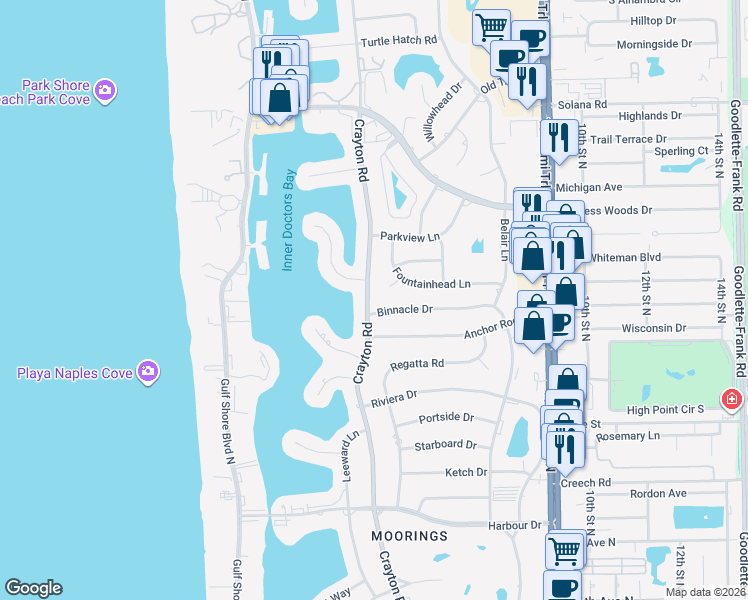 map of restaurants, bars, coffee shops, grocery stores, and more near 612 Binnacle Drive in Naples