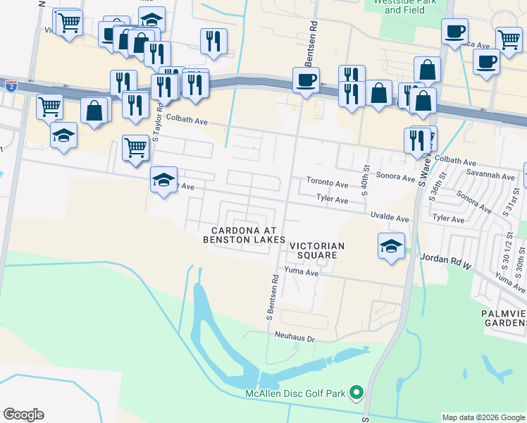 map of restaurants, bars, coffee shops, grocery stores, and more near 4505 Vermont Avenue in McAllen