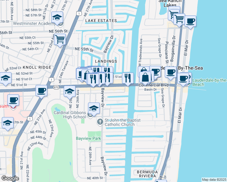 map of restaurants, bars, coffee shops, grocery stores, and more near 3024 Northeast 49th Street in Fort Lauderdale