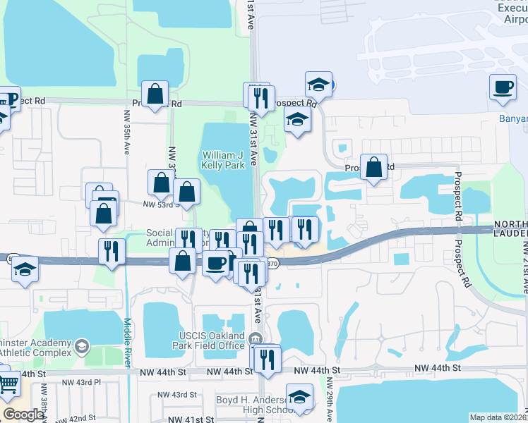 map of restaurants, bars, coffee shops, grocery stores, and more near 5147 Northwest 30th Lane in Fort Lauderdale