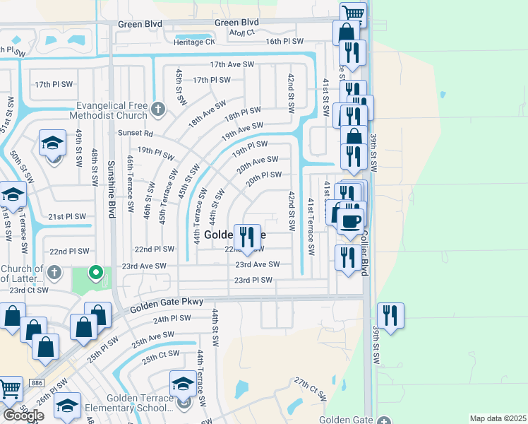 map of restaurants, bars, coffee shops, grocery stores, and more near 4261 43rd Street Southwest in Naples