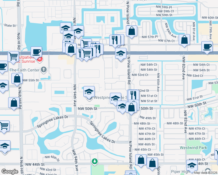 map of restaurants, bars, coffee shops, grocery stores, and more near 8984 Northwest 53rd Street in Sunrise