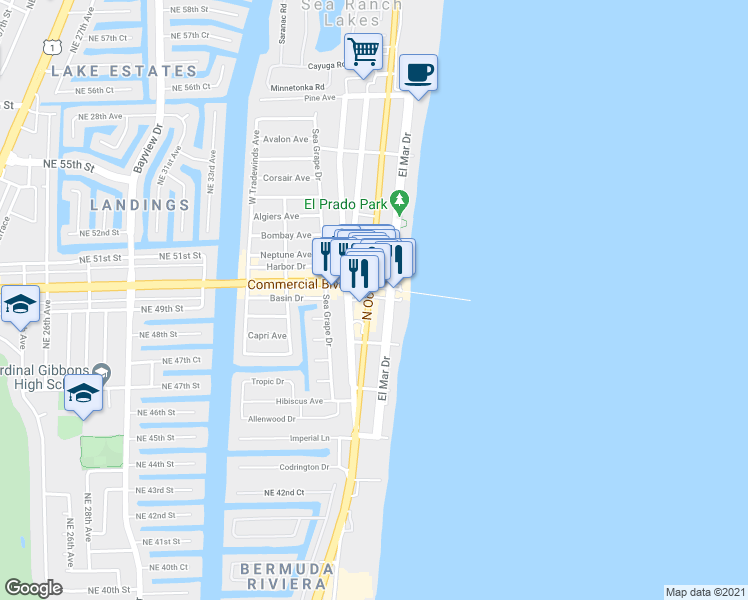 map of restaurants, bars, coffee shops, grocery stores, and more near 4321 North Ocean Drive in Lauderdale-by-the-Sea