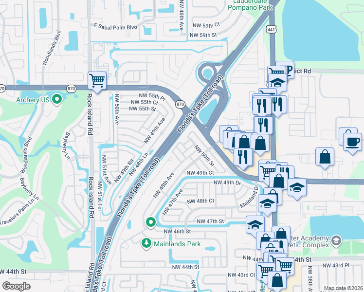 map of restaurants, bars, coffee shops, grocery stores, and more near 4810 Northwest 49th Court in Tamarac