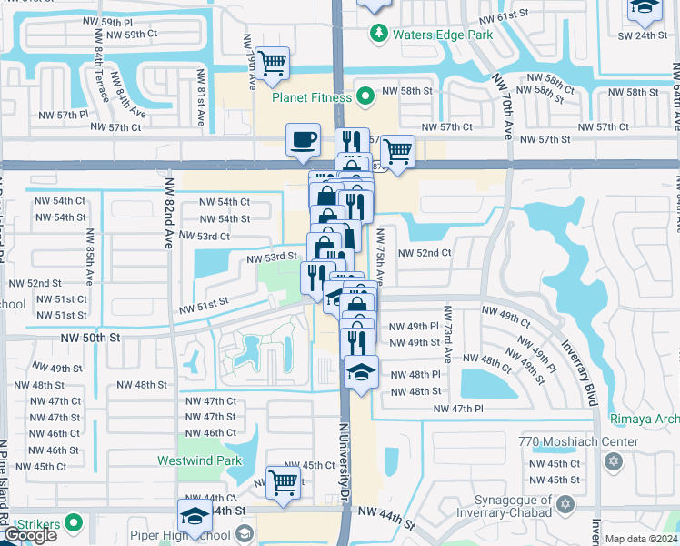 map of restaurants, bars, coffee shops, grocery stores, and more near 5100 North University Drive in Lauderhill