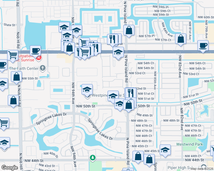 map of restaurants, bars, coffee shops, grocery stores, and more near 8984 Northwest 53rd Street in Sunrise