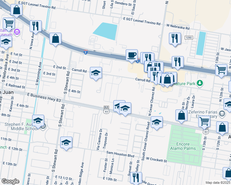 map of restaurants, bars, coffee shops, grocery stores, and more near 601 E Expy 83 in San Juan