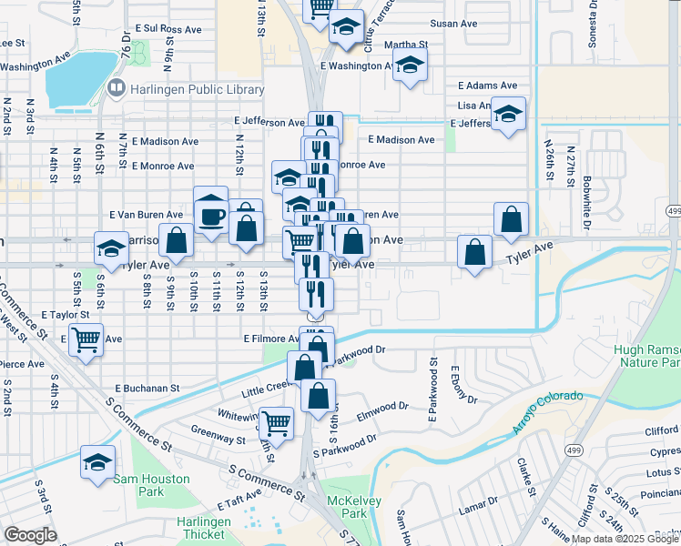 map of restaurants, bars, coffee shops, grocery stores, and more near 1617 East Tyler Avenue in Harlingen