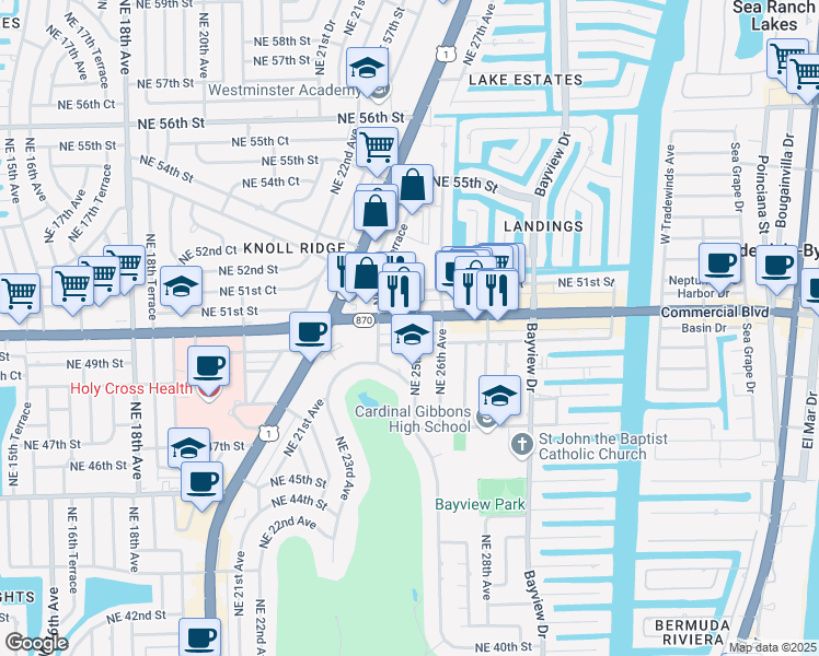 map of restaurants, bars, coffee shops, grocery stores, and more near 2477 East Commercial Boulevard in Fort Lauderdale