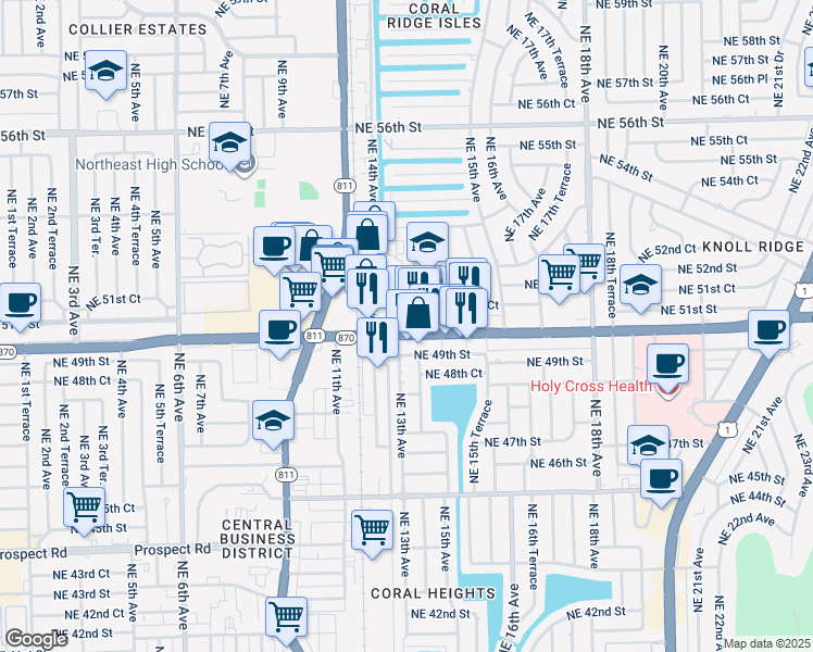 map of restaurants, bars, coffee shops, grocery stores, and more near 418 Northeast 50th Court in Fort Lauderdale