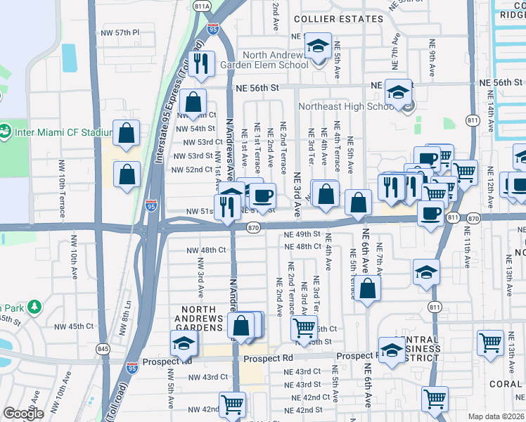 map of restaurants, bars, coffee shops, grocery stores, and more near 170 Northeast 51st Court in Fort Lauderdale