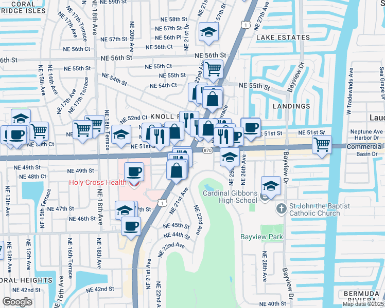 map of restaurants, bars, coffee shops, grocery stores, and more near 2163 Northeast 50th Street in Fort Lauderdale