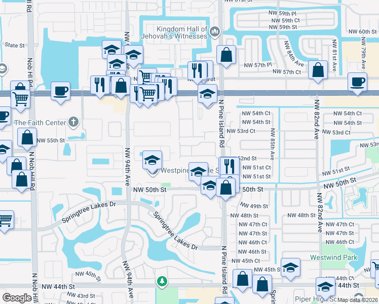 map of restaurants, bars, coffee shops, grocery stores, and more near 8985 Northwest 53rd Court in Sunrise