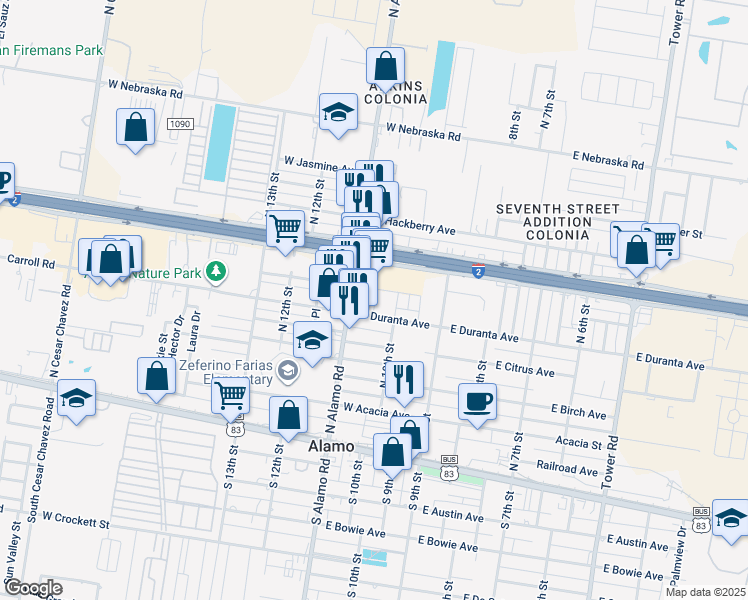 map of restaurants, bars, coffee shops, grocery stores, and more near in Alamo